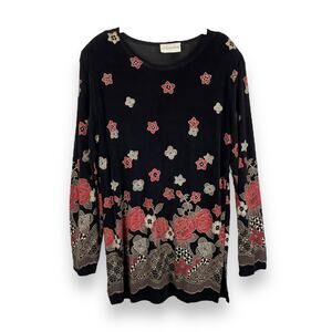 90s Vintage Dark Floral Long Sleeve Blouse Top Textured Pattern Black Red